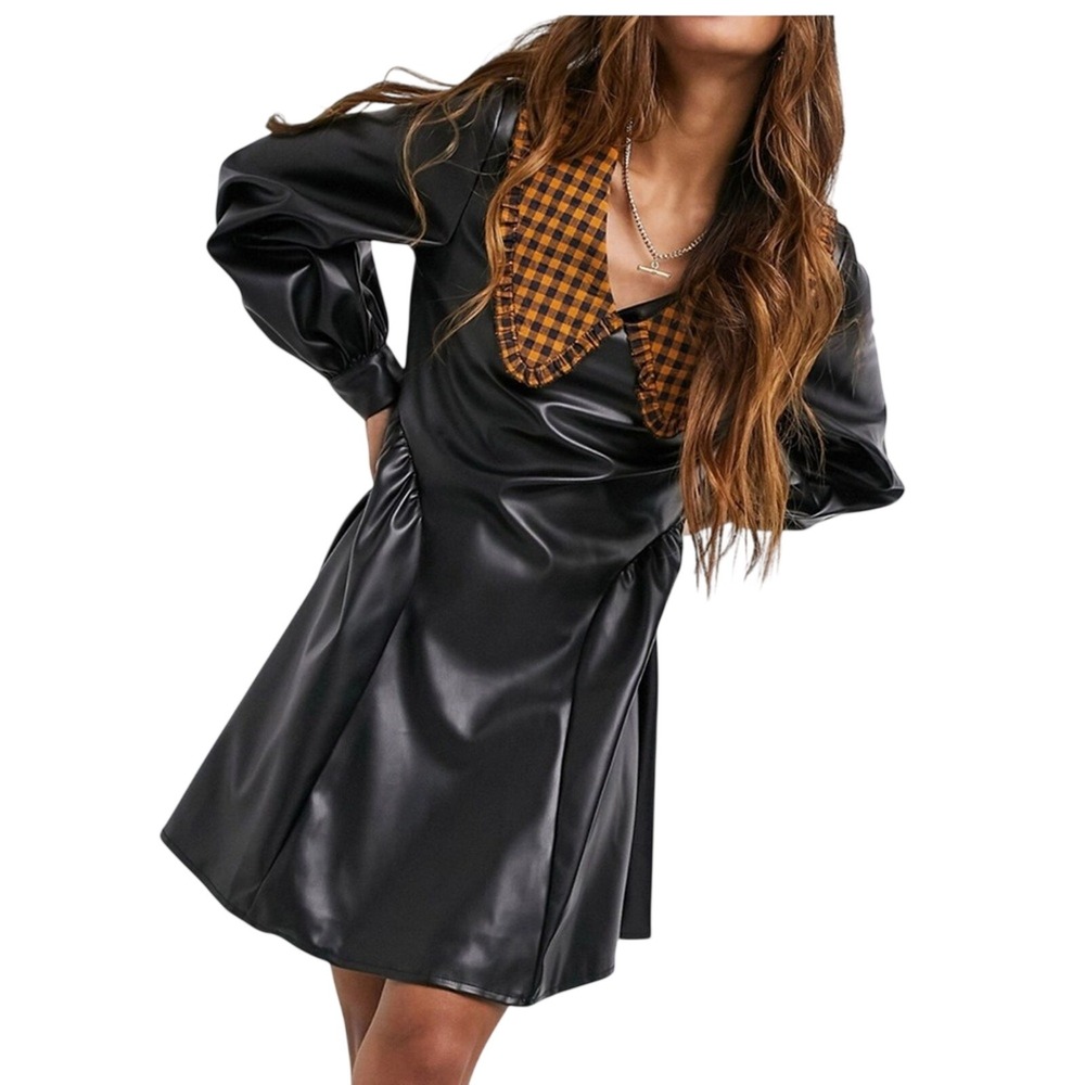 ASOS Womens Black Faux Leather Dress Sz 6 Plaid Collar Dark Academia Preppy Goth
